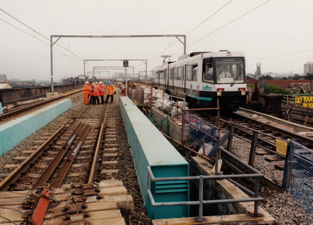 Cornbrook construction with repositioned Altrincham bound track (52KB)
